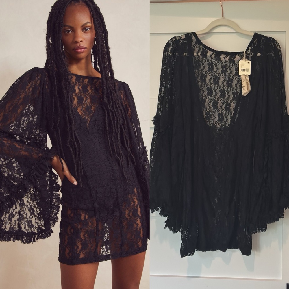 Free People Black Lace Bell Sleeve Mini Dress - Picture 2 of 6